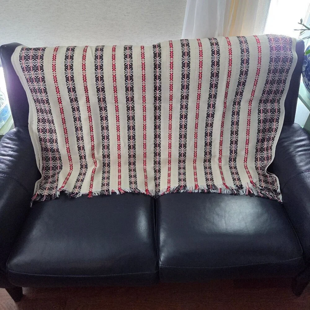 Vintage Hand Woven Red Black Tablecloth
